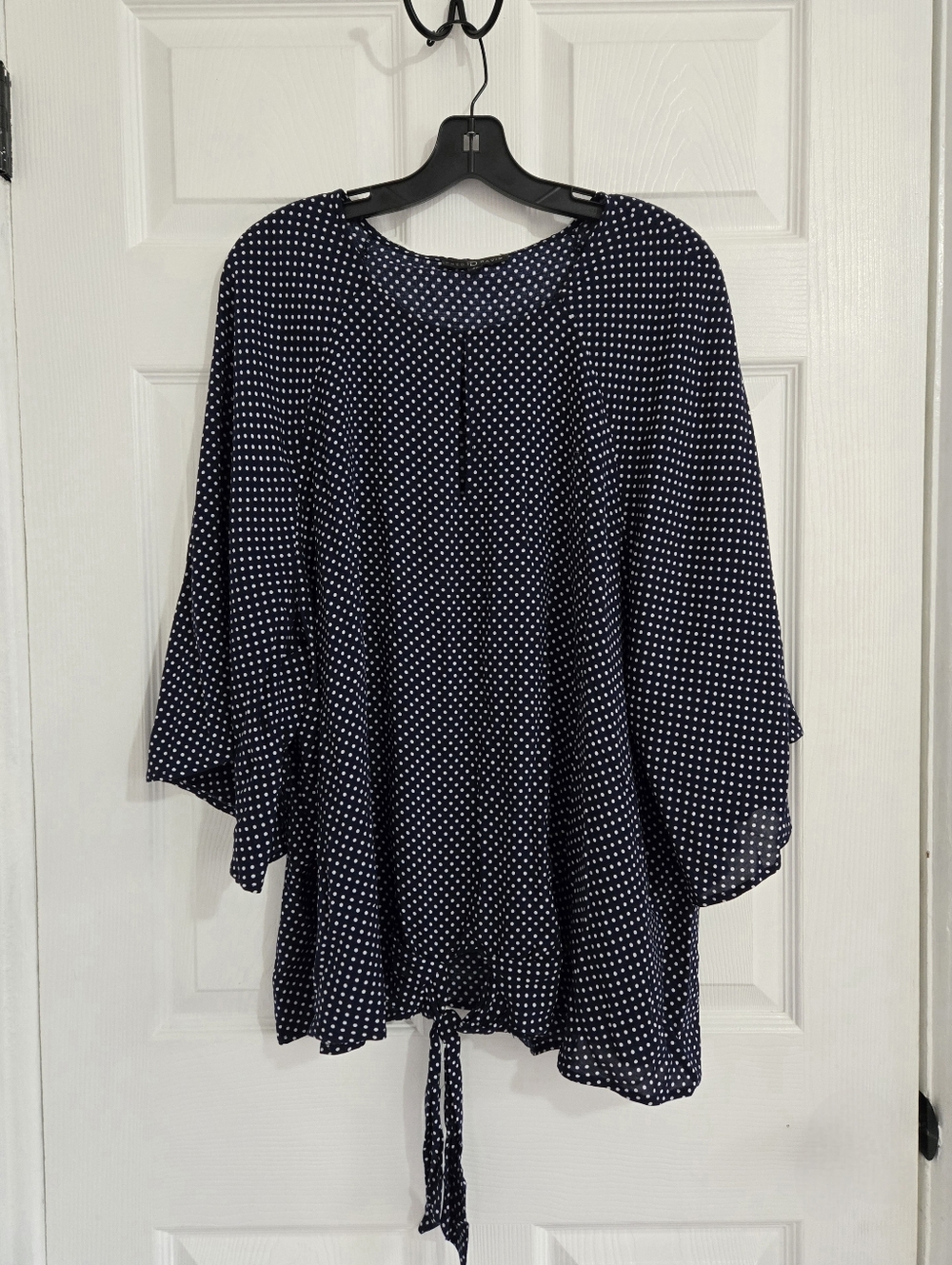 Fred David Dark Blue Blouse Shirt Size 2X Short Sleeve Polka Dot Tie Front